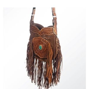 Western Brown Leather Tooled Fringe Handbag by American Darling